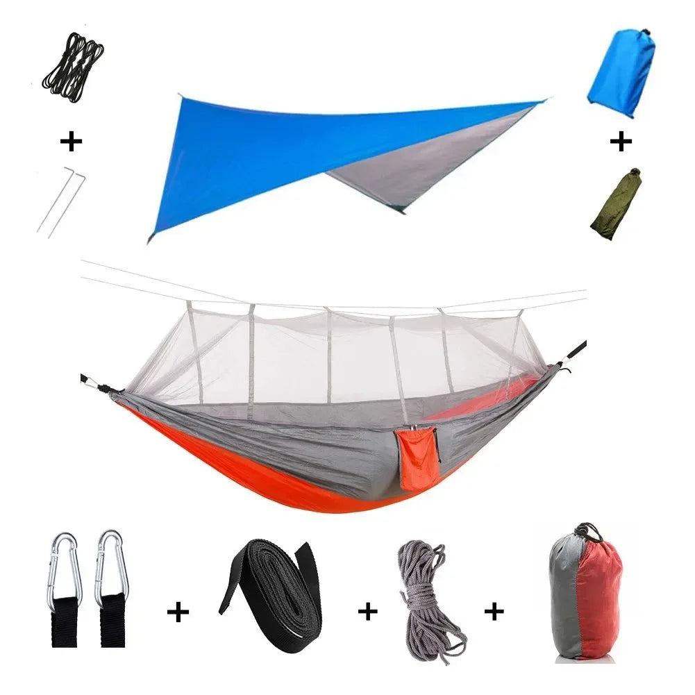 2-Person All-Weather Camping Hammock with Mosquito Net & Rain Fly - 440lb Capacity Portable Outdoor Shelter System (Camouflage) - Trekker Essentials