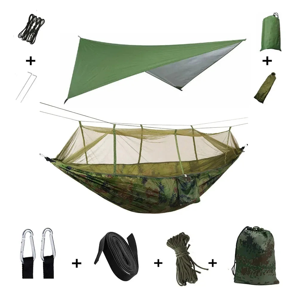2-Person All-Weather Camping Hammock with Mosquito Net & Rain Fly - 440lb Capacity Portable Outdoor Shelter System (Camouflage) - Trekker Essentials