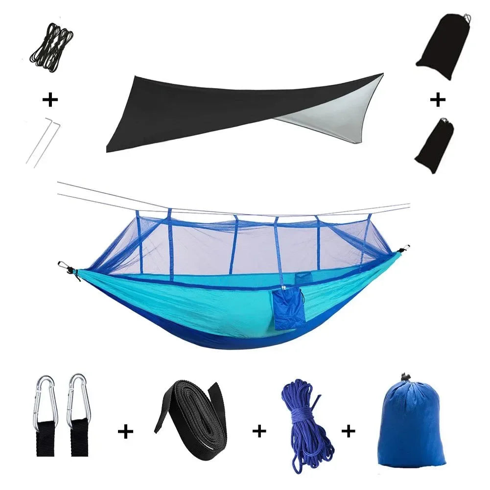 2-Person All-Weather Camping Hammock with Mosquito Net & Rain Fly - 440lb Capacity Portable Outdoor Shelter System (Camouflage) - Trekker Essentials