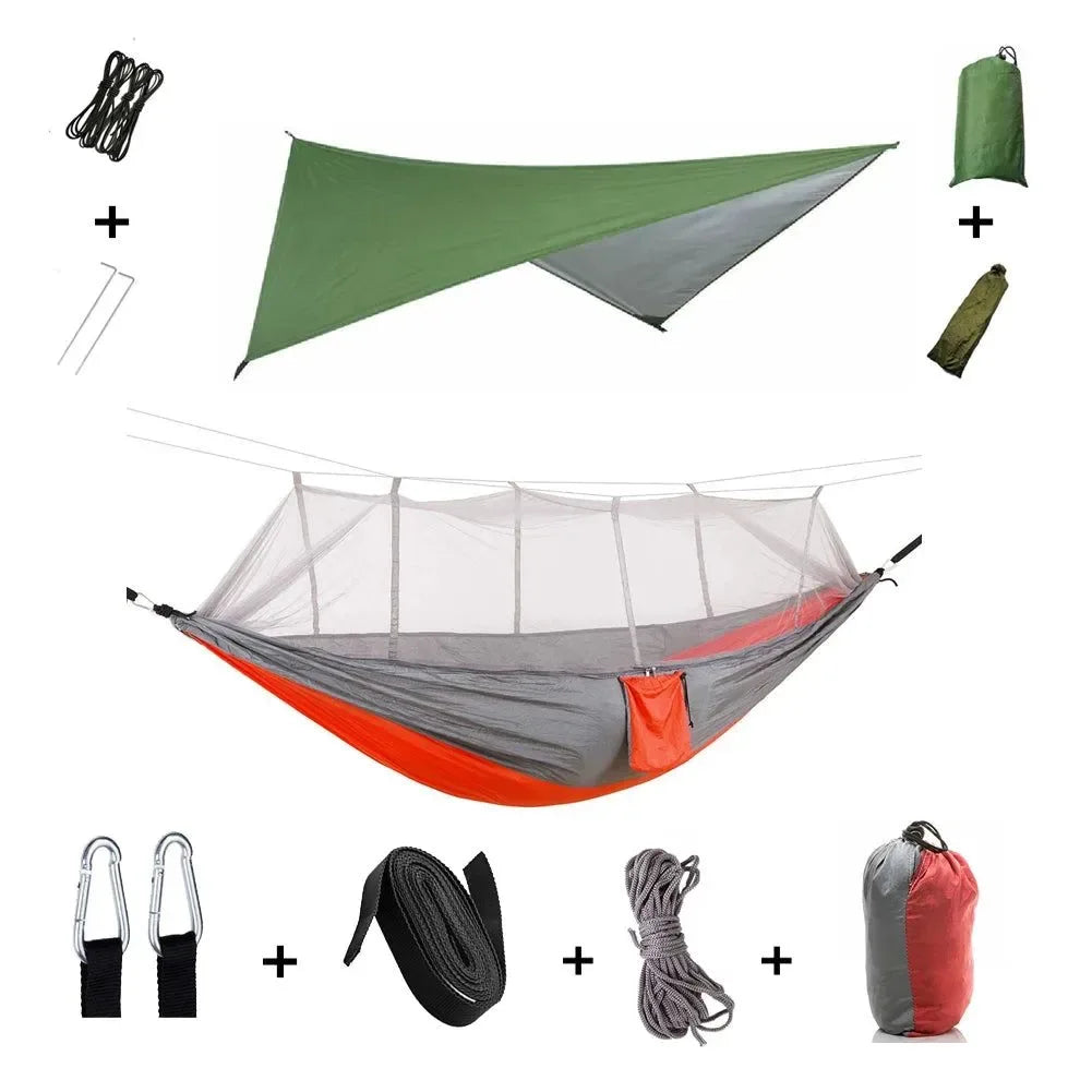 2-Person All-Weather Camping Hammock with Mosquito Net & Rain Fly - 440lb Capacity Portable Outdoor Shelter System (Camouflage) - Trekker Essentials