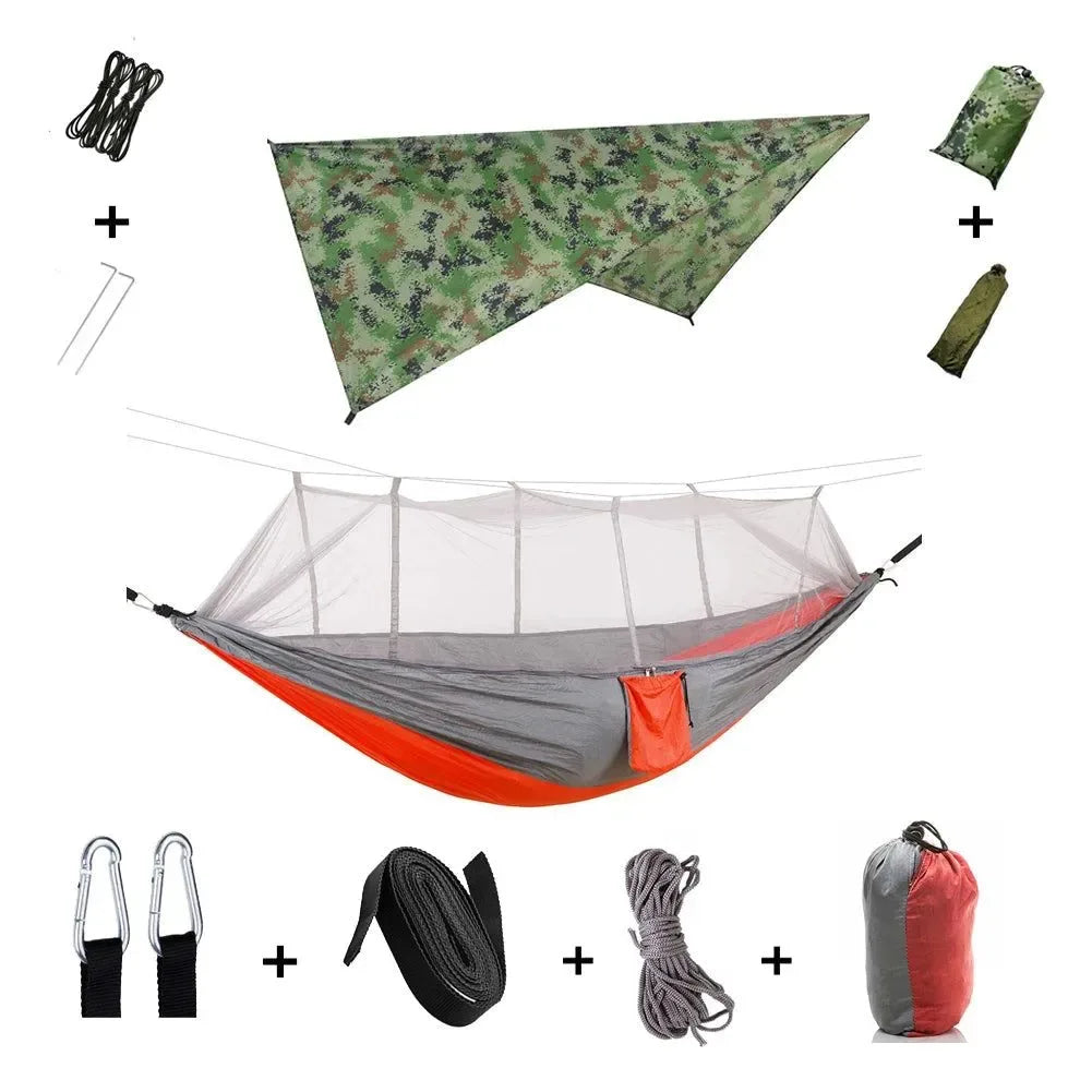 2-Person All-Weather Camping Hammock with Mosquito Net & Rain Fly - 440lb Capacity Portable Outdoor Shelter System (Camouflage) - Trekker Essentials