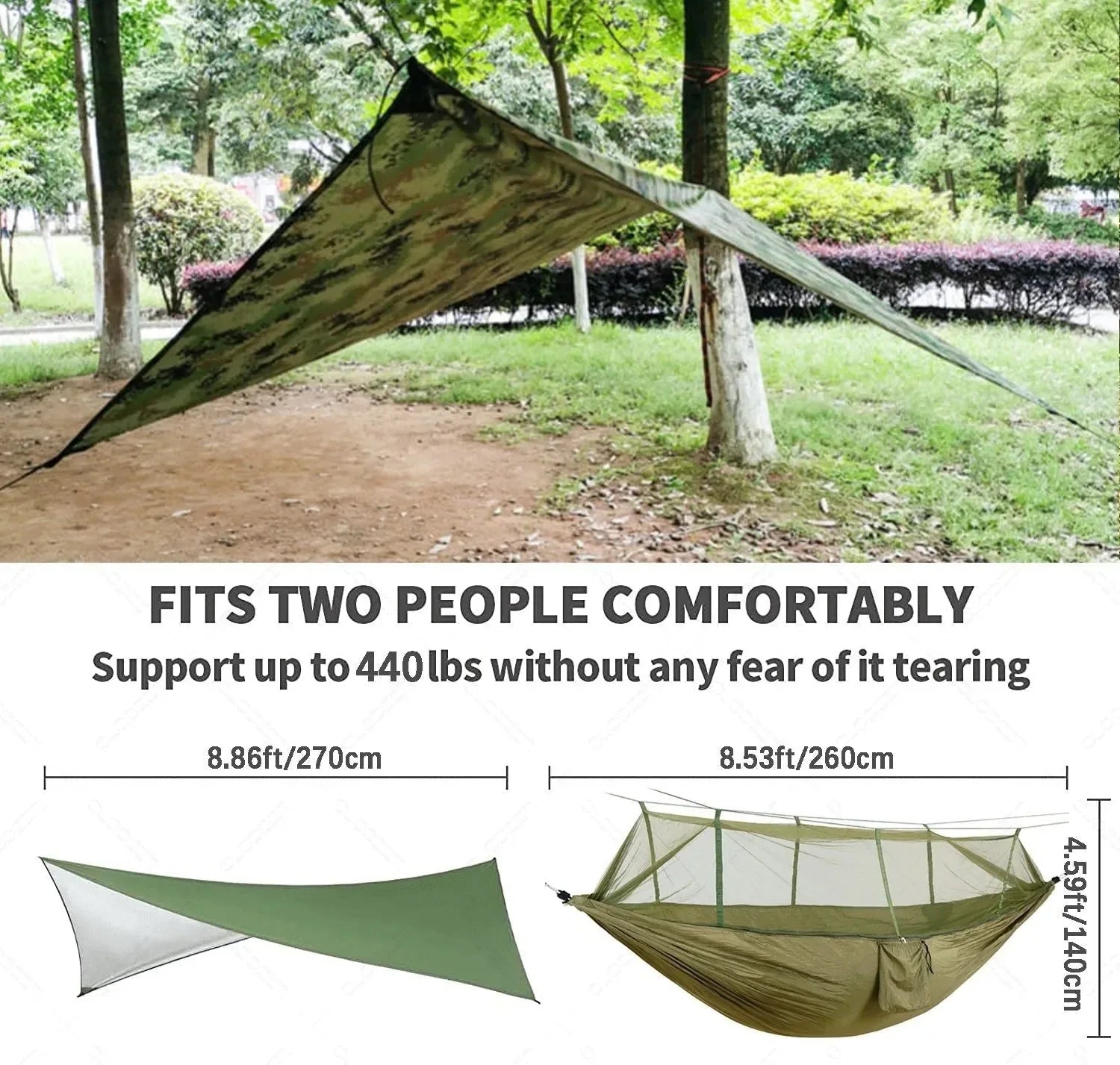 2-Person All-Weather Camping Hammock with Mosquito Net & Rain Fly - 440lb Capacity Portable Outdoor Shelter System (Camouflage) - Trekker Essentials