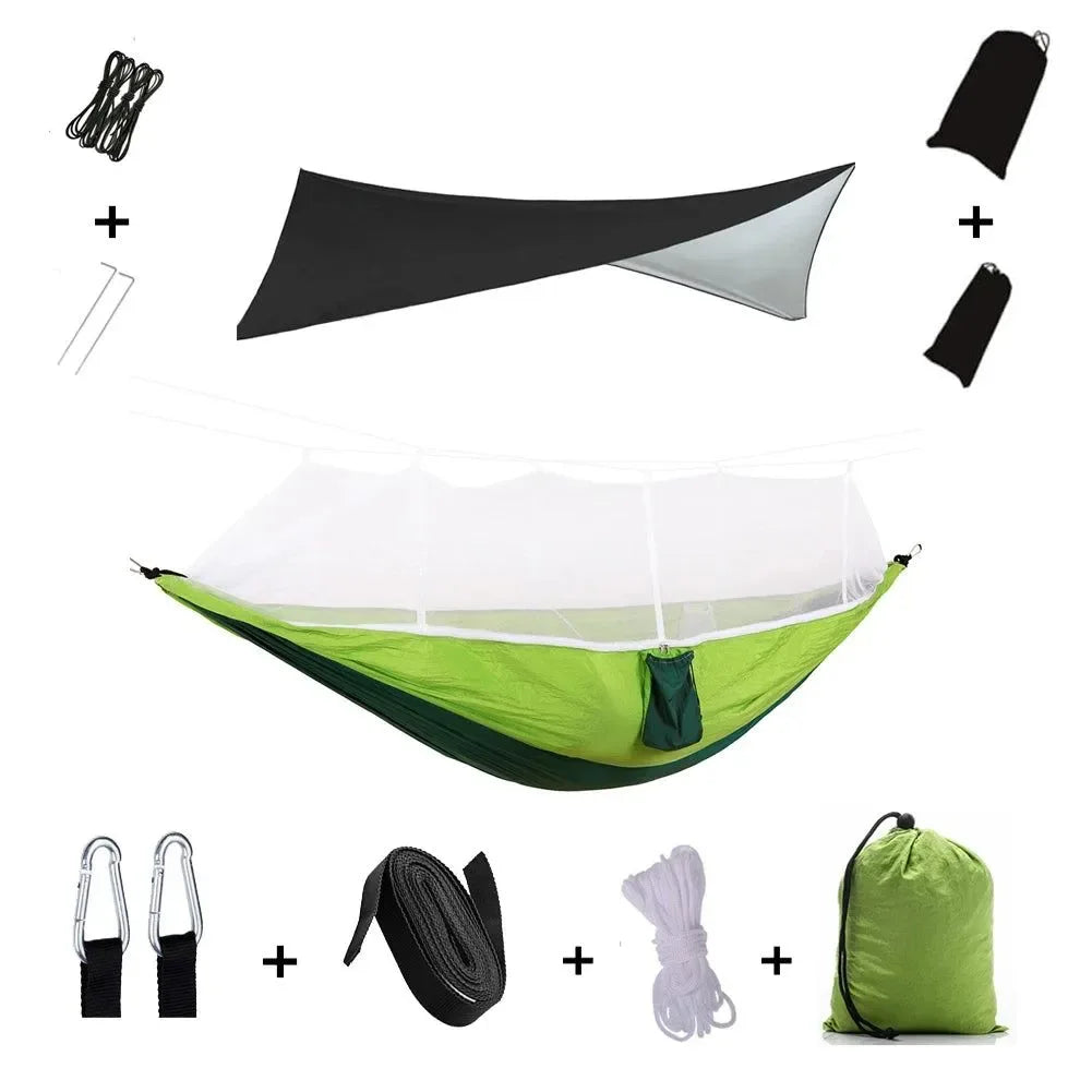 2-Person All-Weather Camping Hammock with Mosquito Net & Rain Fly - 440lb Capacity Portable Outdoor Shelter System (Camouflage) - Trekker Essentials