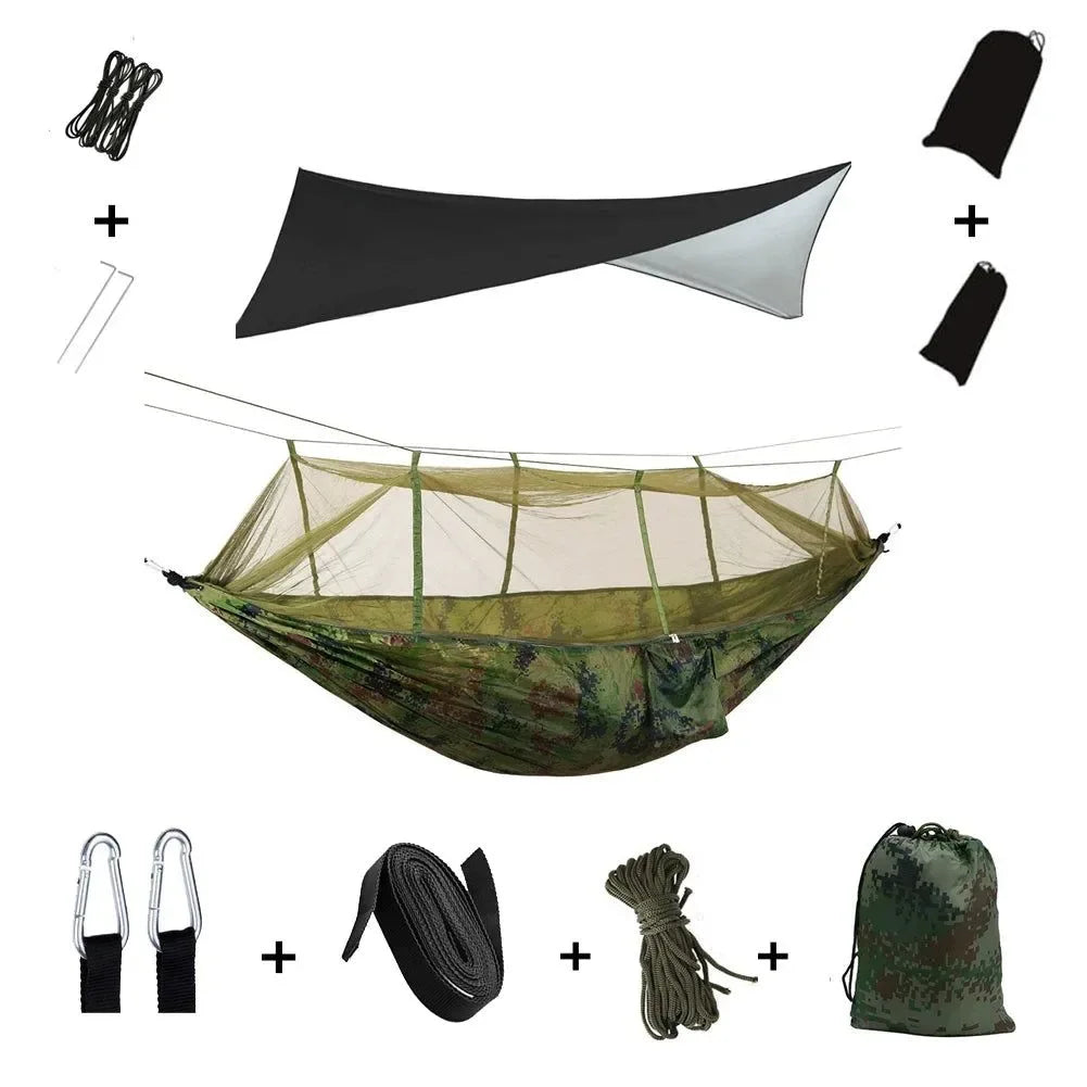2-Person All-Weather Camping Hammock with Mosquito Net & Rain Fly - 440lb Capacity Portable Outdoor Shelter System (Camouflage) - Trekker Essentials