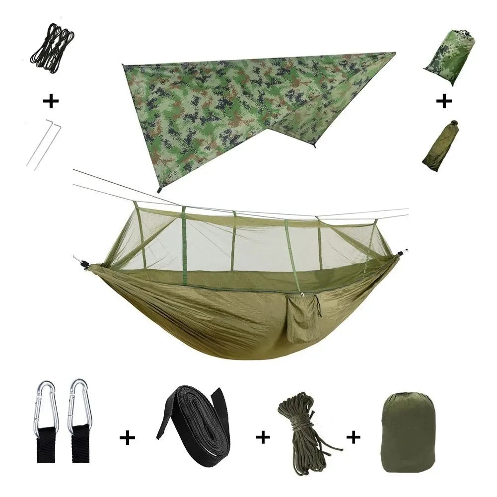 2-Person All-Weather Camping Hammock with Mosquito Net & Rain Fly - 440lb Capacity Portable Outdoor Shelter System (Camouflage) - Trekker Essentials