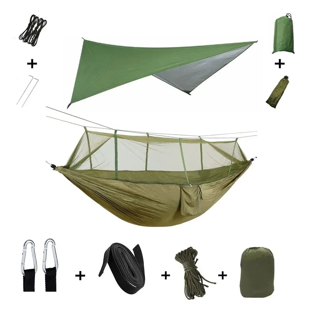 2-Person All-Weather Camping Hammock with Mosquito Net & Rain Fly - 440lb Capacity Portable Outdoor Shelter System (Camouflage) - Trekker Essentials