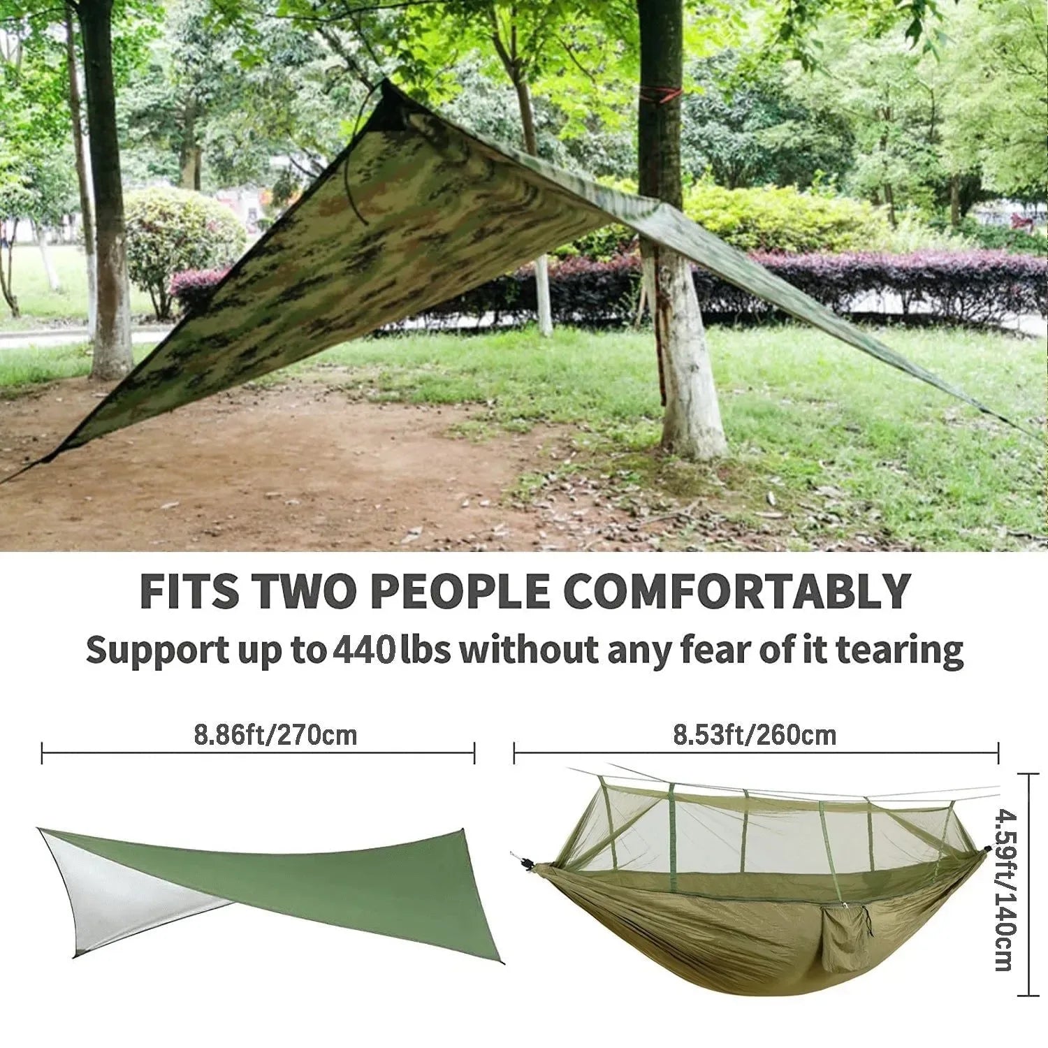 2-Person All-Weather Camping Hammock with Mosquito Net & Rain Fly - 440lb Capacity Portable Outdoor Shelter System (Camouflage) - Trekker Essentials