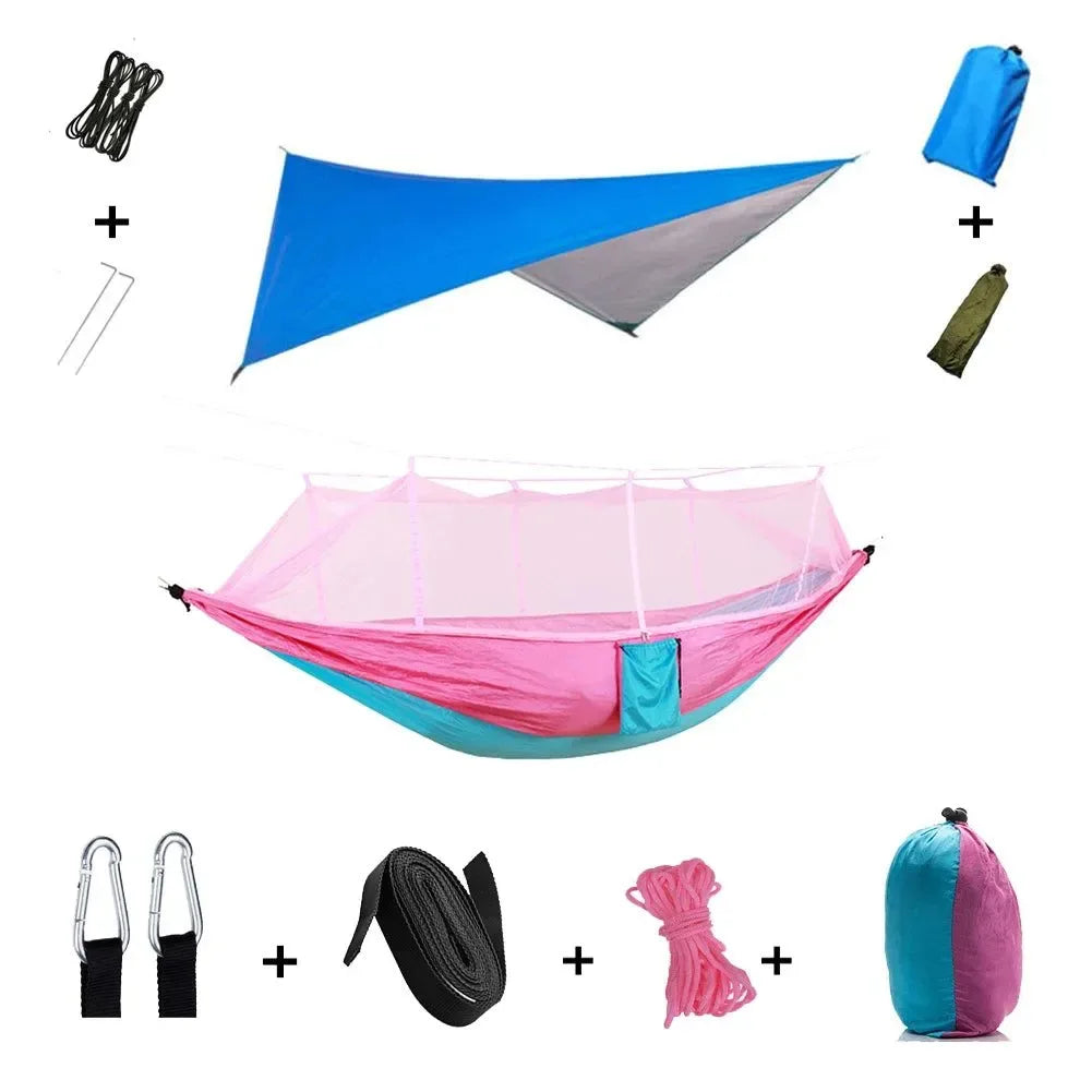 2-Person All-Weather Camping Hammock with Mosquito Net & Rain Fly - 440lb Capacity Portable Outdoor Shelter System (Camouflage) - Trekker Essentials