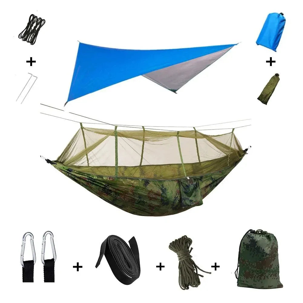 2-Person All-Weather Camping Hammock with Mosquito Net & Rain Fly - 440lb Capacity Portable Outdoor Shelter System (Camouflage) - Trekker Essentials