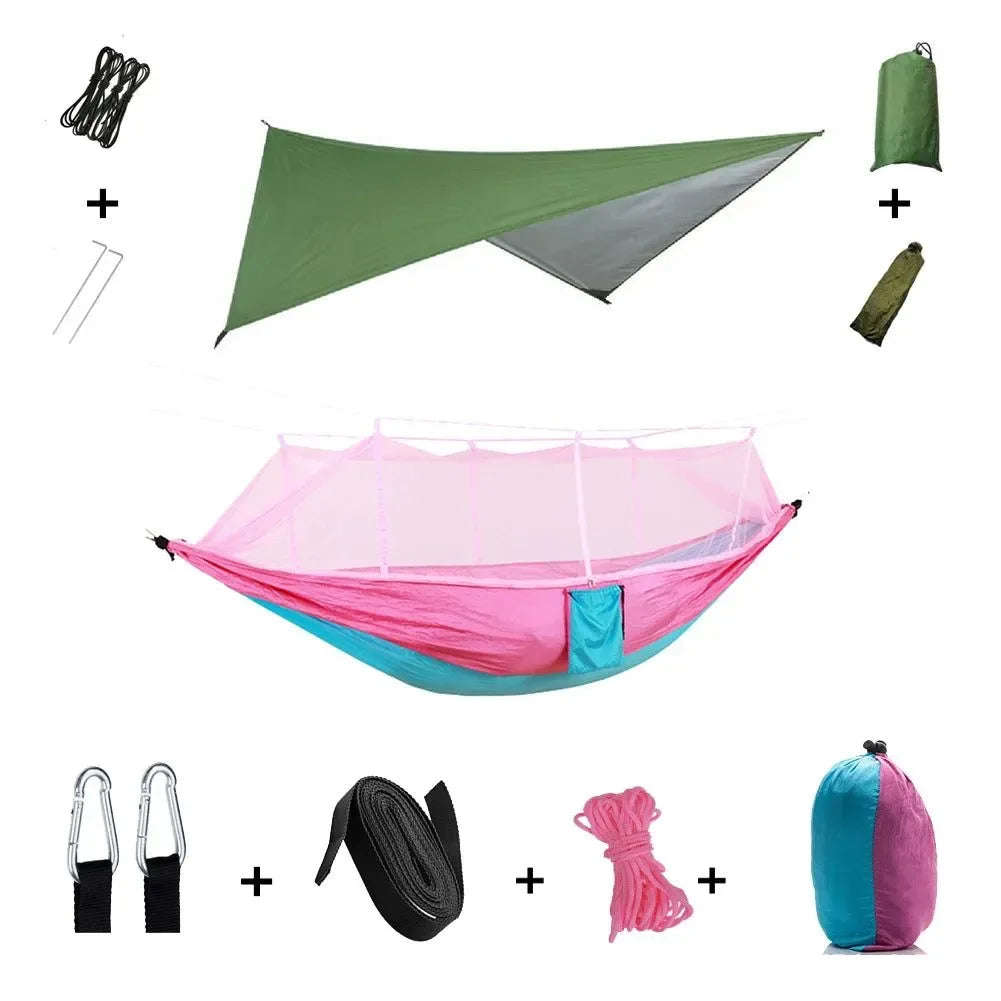 2-Person All-Weather Camping Hammock with Mosquito Net & Rain Fly - 440lb Capacity Portable Outdoor Shelter System (Camouflage) - Trekker Essentials