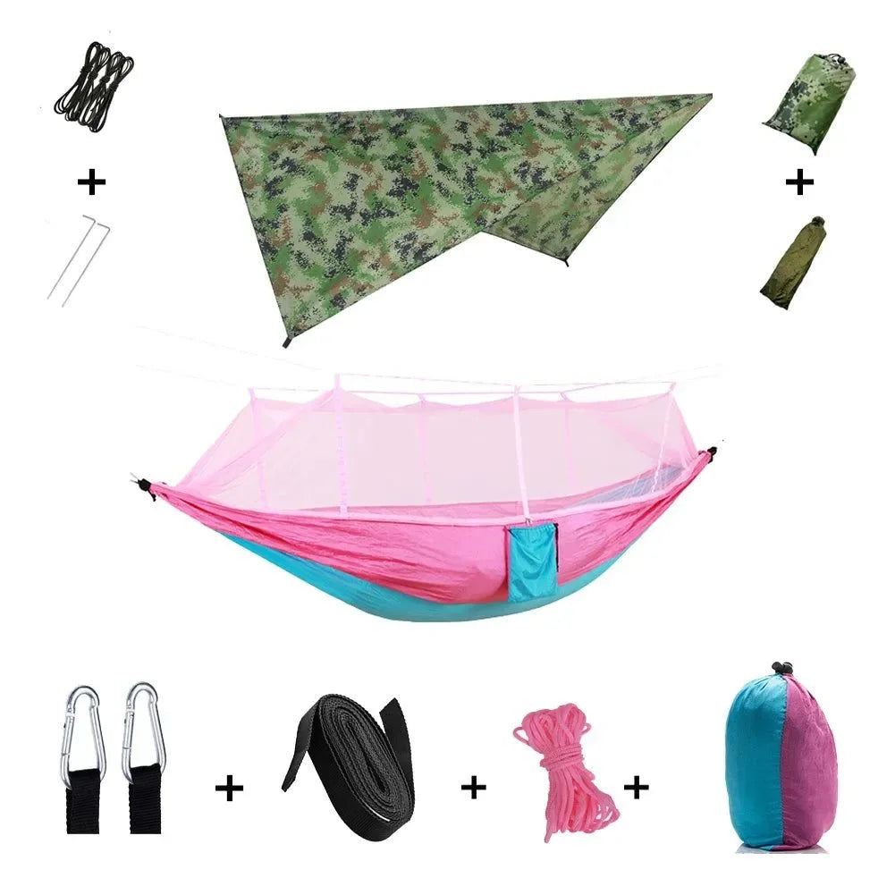 2-Person All-Weather Camping Hammock with Mosquito Net & Rain Fly - 440lb Capacity Portable Outdoor Shelter System (Camouflage) - Trekker Essentials
