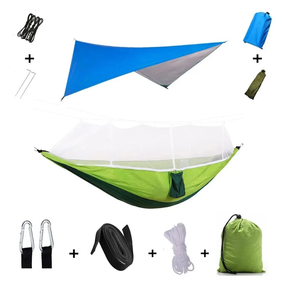 2-Person All-Weather Camping Hammock with Mosquito Net & Rain Fly - 440lb Capacity Portable Outdoor Shelter System (Camouflage) - Trekker Essentials