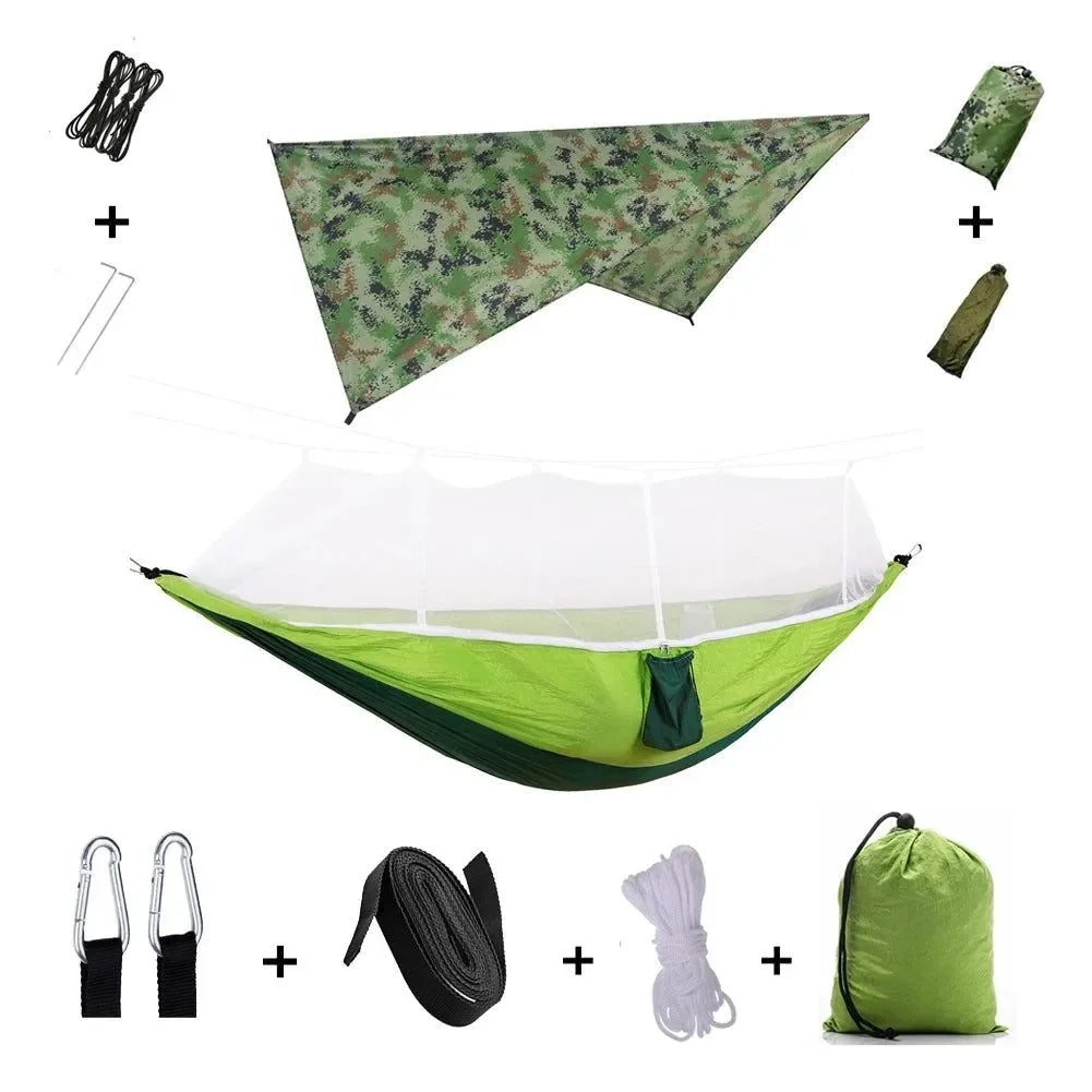 2-Person All-Weather Camping Hammock with Mosquito Net & Rain Fly - 440lb Capacity Portable Outdoor Shelter System (Camouflage) - Trekker Essentials