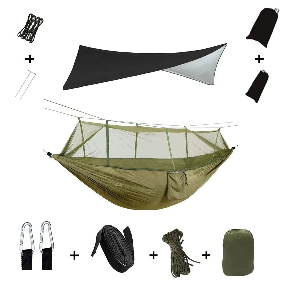 2-Person All-Weather Camping Hammock with Mosquito Net & Rain Fly - 440lb Capacity Portable Outdoor Shelter System (Camouflage) - Trekker Essentials