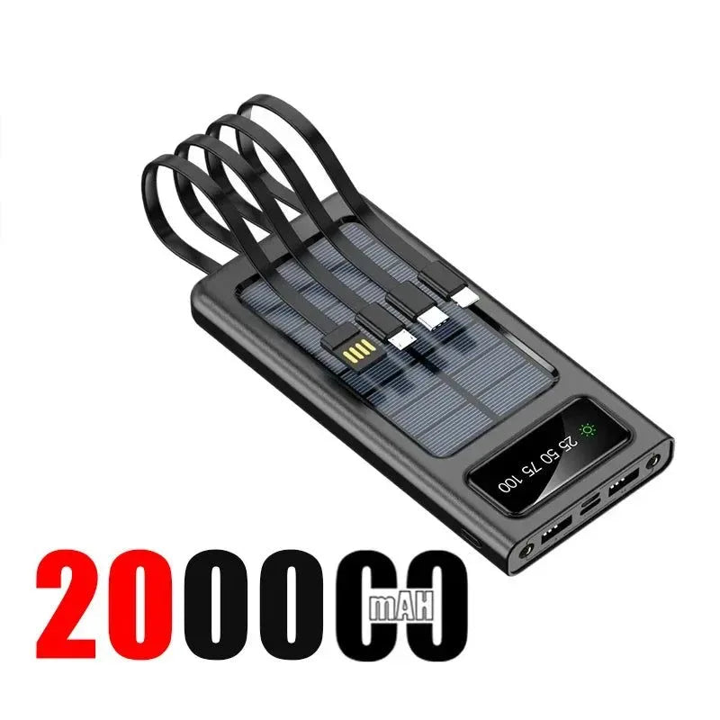 200,000mAh Solar Power Bank with Built-In Cables and LED Light, Fast Charging Dual USB Ports Charger for iPhone - Trekker Essentials