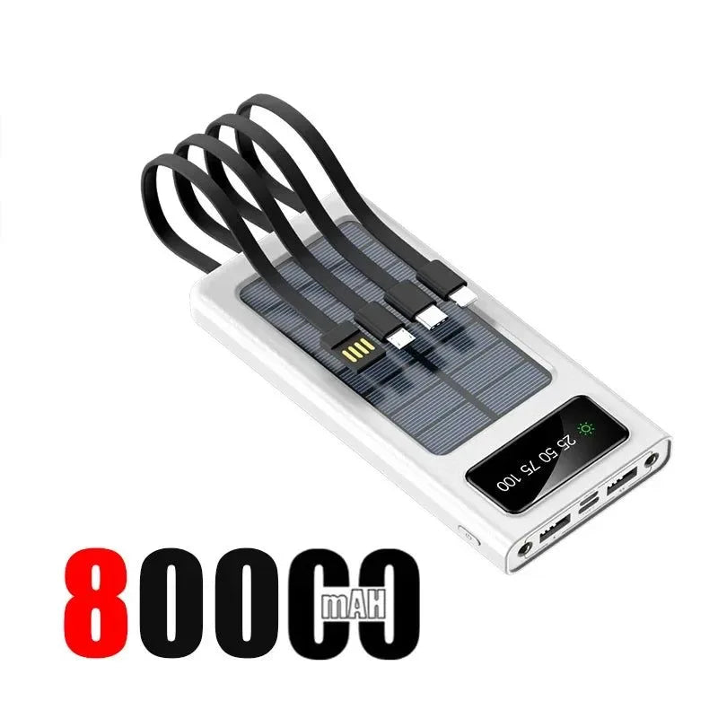 200,000mAh Solar Power Bank with Built-In Cables and LED Light, Fast Charging Dual USB Ports Charger for iPhone - Trekker Essentials