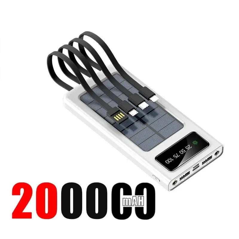 200,000mAh Solar Power Bank with Built-In Cables and LED Light, Fast Charging Dual USB Ports Charger for iPhone - Trekker Essentials