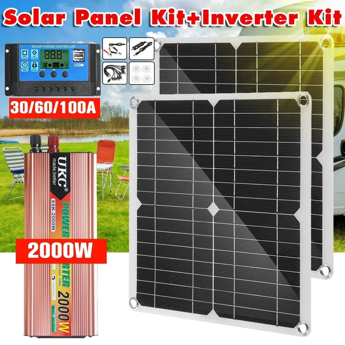2000W Solar Panel Kit with Power Converter for RV, Boat, Cabin, Home, Camping - Trekker Essentials
