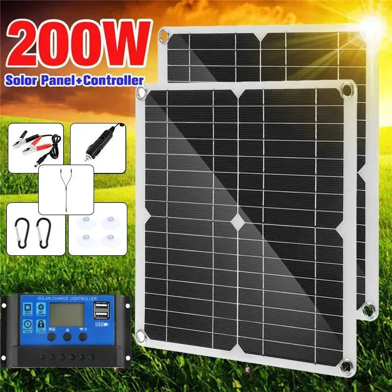 200W Solar Panel Kit With 60A Controller Portable 18V Solar Cell Power Charger for Phone Camping Hiking Car Boat RV Solar Plate - Trekker Essentials