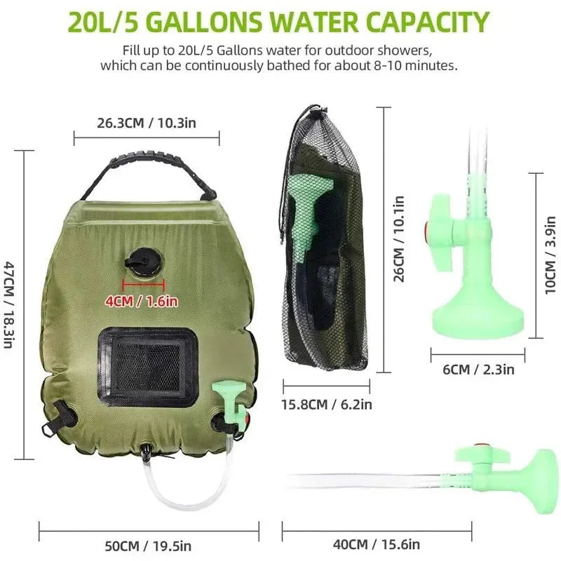 20L Outdoor Camping Shower Bag - Solar Heating Portable Folding Bath Equipment - Trekker Essentials