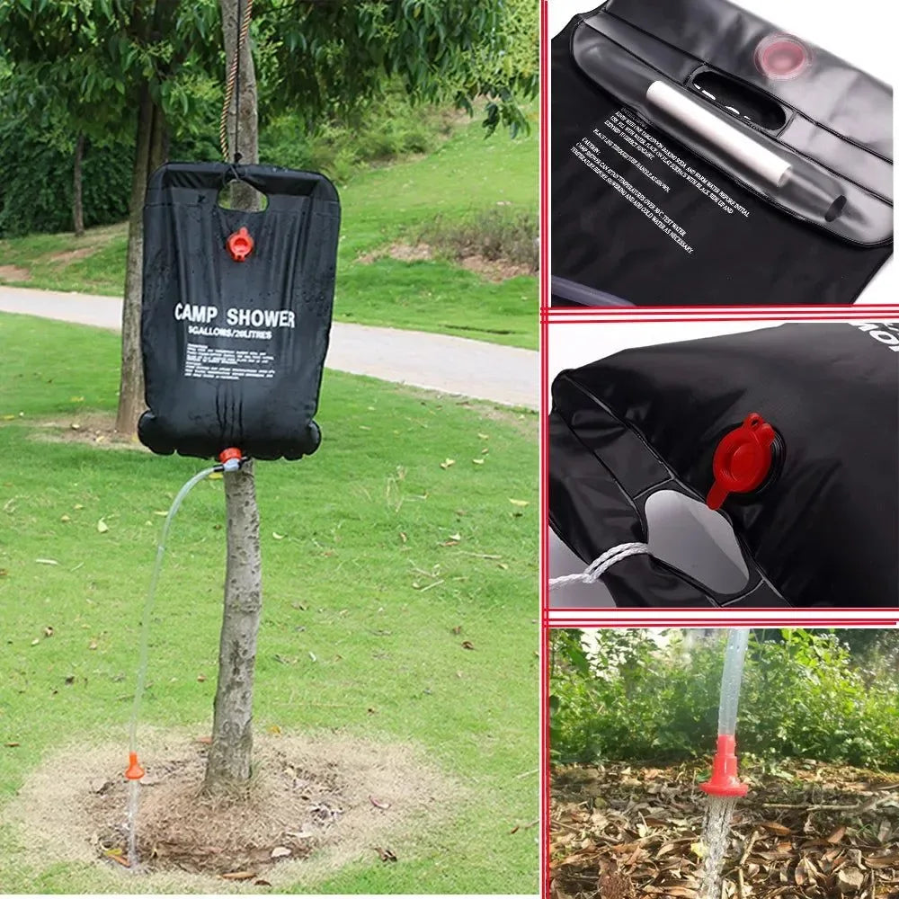 20L Portable Camping Shower Bag - Solar Heated Outdoor Travel Hiking BBQ Cycling Beach Swimming Bathing Water Bag - Trekker Essentials