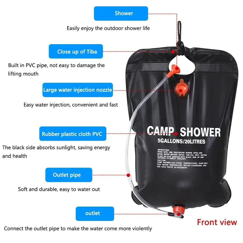 20L Portable Solar Heated Shower Bag - Solar Heating Camping Shower Bag with Hose, PVC Solar Bath Water Bag for Outdoor Camping - Trekker Essentials