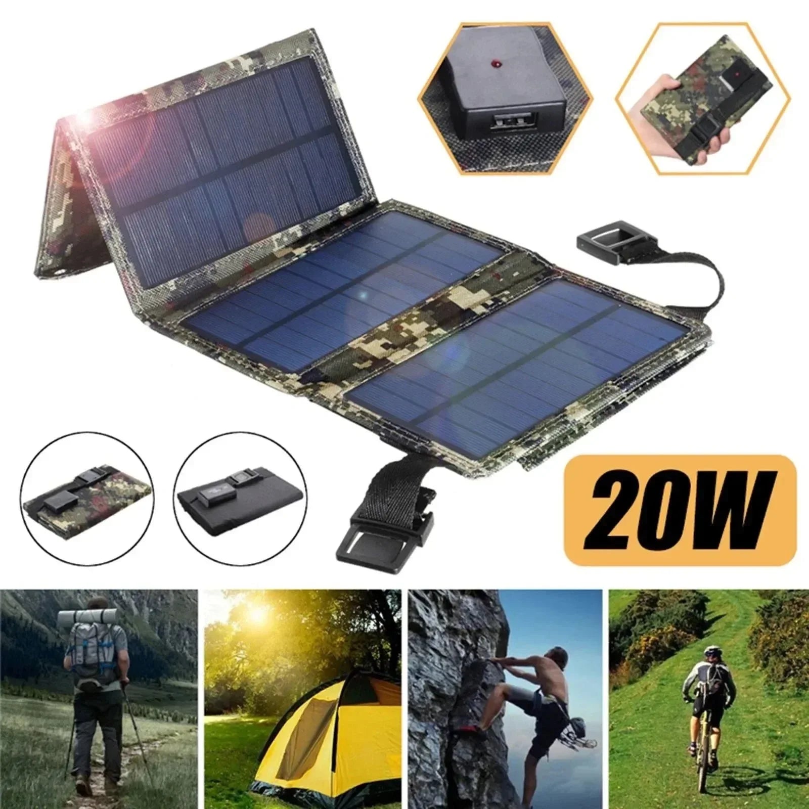 20W 5V Foldable USB Solar Panel Battery Charger for Camping and Hiking - Trekker Essentials
