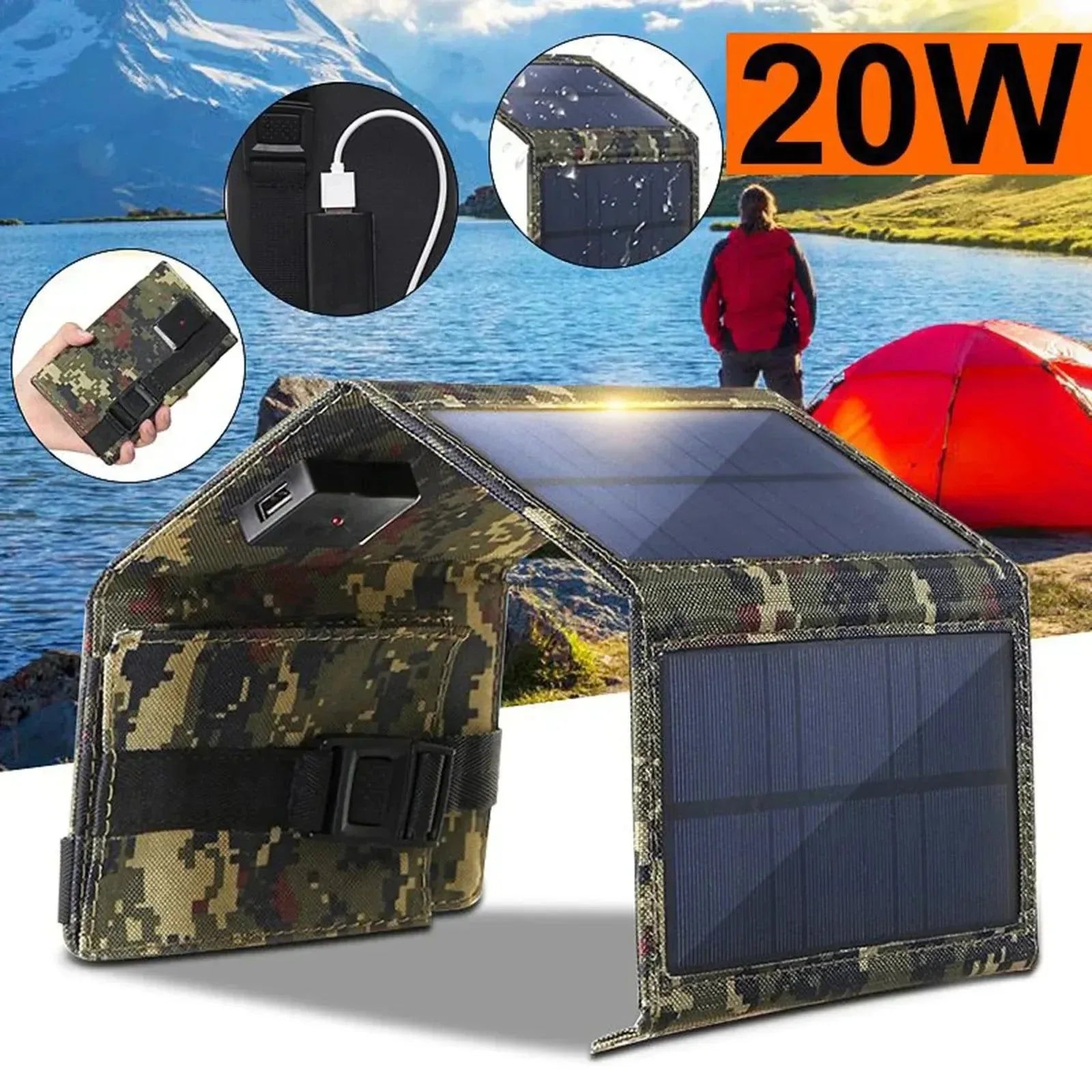 20W 5V Foldable USB Solar Panel Battery Charger for Camping and Hiking - Trekker Essentials