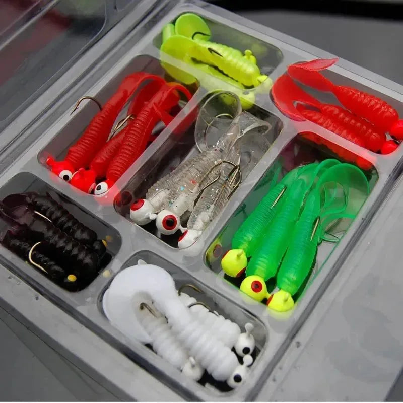 21-Piece Soft Fishing Lure Kit – Jig Head Hooks with Grub Worms & Shrimp Baits for Freshwater/Saltwater (2g-3.5g Weights) - Trekker Essentials