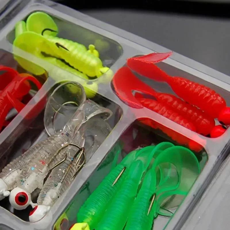 21-Piece Soft Fishing Lure Kit – Jig Head Hooks with Grub Worms & Shrimp Baits for Freshwater/Saltwater (2g-3.5g Weights) - Trekker Essentials