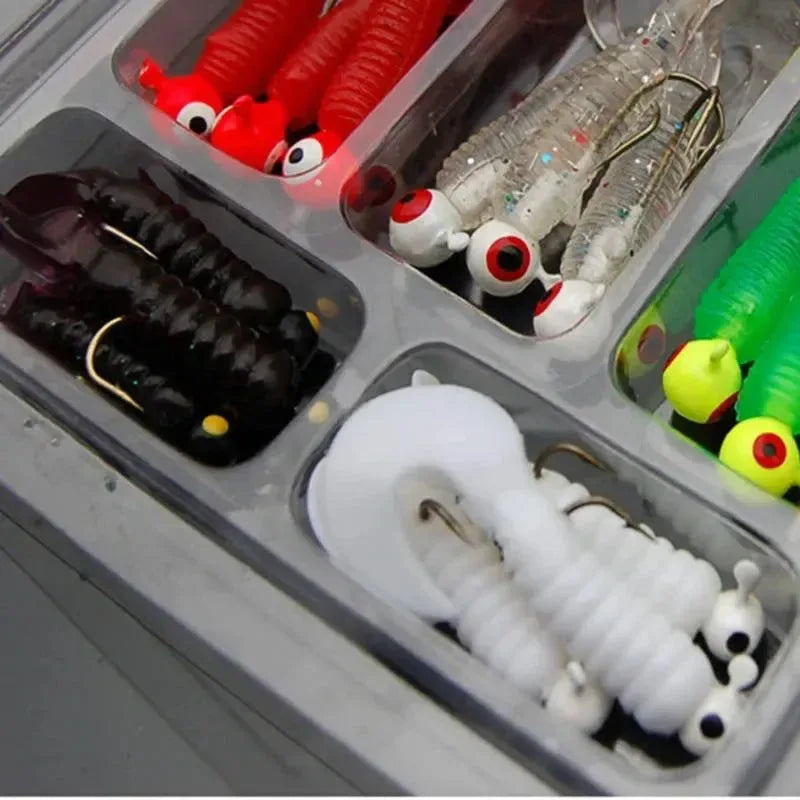 21-Piece Soft Fishing Lure Kit – Jig Head Hooks with Grub Worms & Shrimp Baits for Freshwater/Saltwater (2g-3.5g Weights) - Trekker Essentials