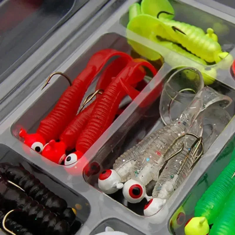 21-Piece Soft Fishing Lure Kit – Jig Head Hooks with Grub Worms & Shrimp Baits for Freshwater/Saltwater (2g-3.5g Weights) - Trekker Essentials