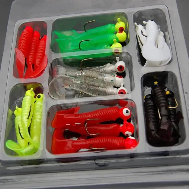 21-Piece Soft Fishing Lure Kit – Jig Head Hooks with Grub Worms & Shrimp Baits for Freshwater/Saltwater (2g-3.5g Weights) - Trekker Essentials
