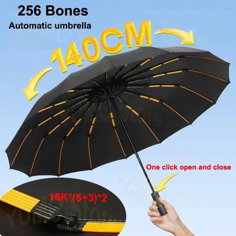 256 Bones Super Windproof Umbrella - All Weather Large Size, Automatic Business Umbrella, UV Protection Sunshade - Trekker Essentials