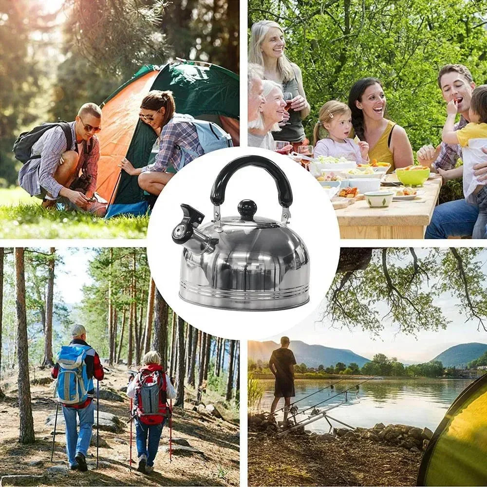 2L Stainless Steel Whistling Kettle with Foldable Handle for Camping and Stove Use - Trekker Essentials
