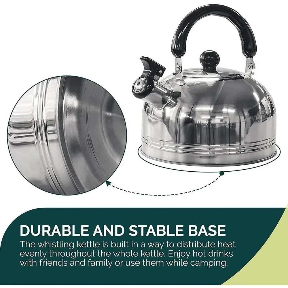 2L Stainless Steel Whistling Kettle with Foldable Handle for Camping and Stove Use - Trekker Essentials
