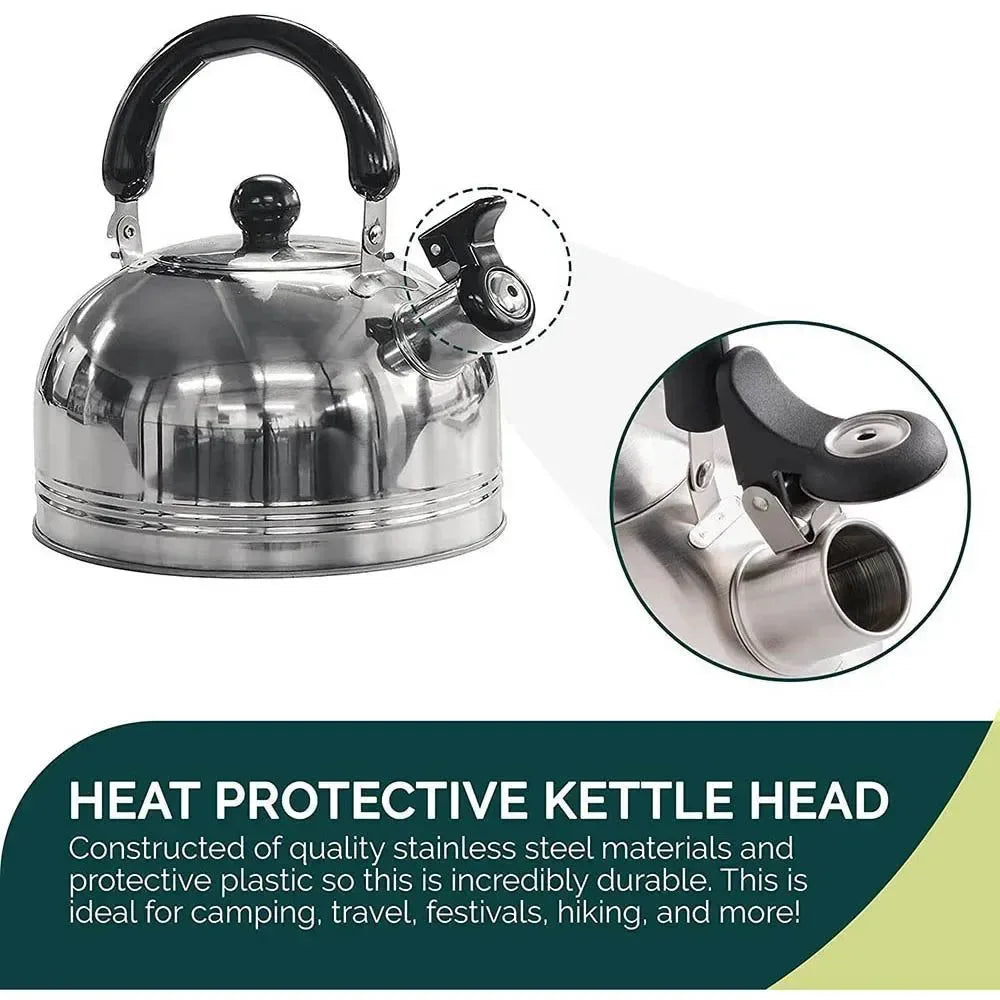 2L Stainless Steel Whistling Kettle with Foldable Handle for Camping and Stove Use - Trekker Essentials