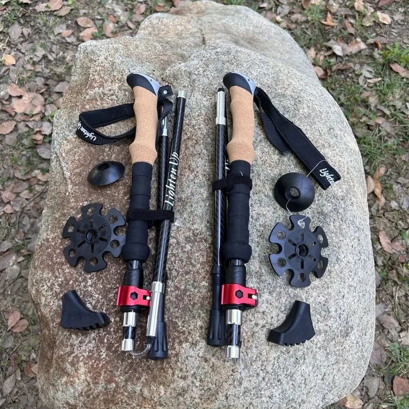 2Pcs Lightweight Carbon Fiber/Aluminum Alloy Trekking Poles: Collapsible Telescopic Walking Sticks for Hiking & Climbing - Trekker Essentials