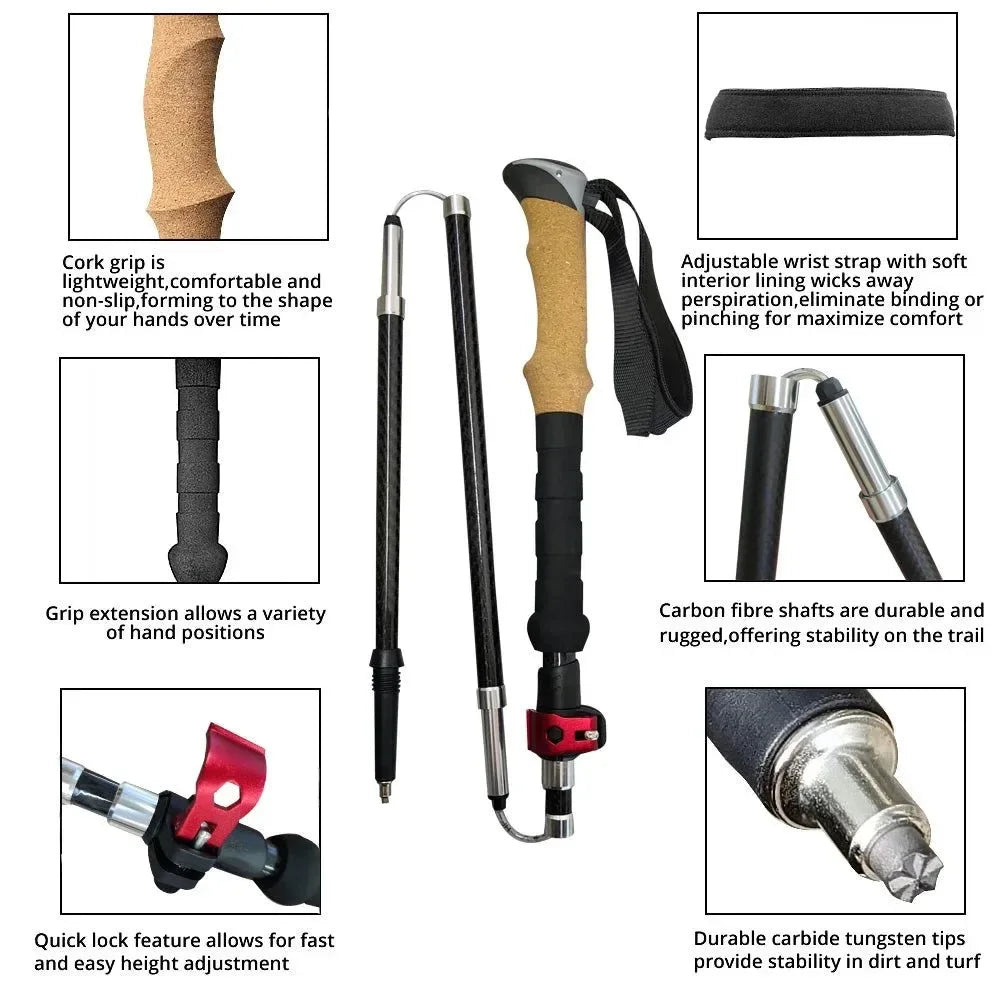 2Pcs Lightweight Carbon Fiber/Aluminum Alloy Trekking Poles: Collapsible Telescopic Walking Sticks for Hiking & Climbing - Trekker Essentials