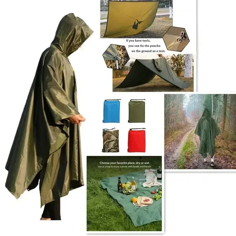 3-in-1 Military-Style Waterproof Raincoat for Men and Women - Poncho, Awning, Picnic Mat - Trekker Essentials