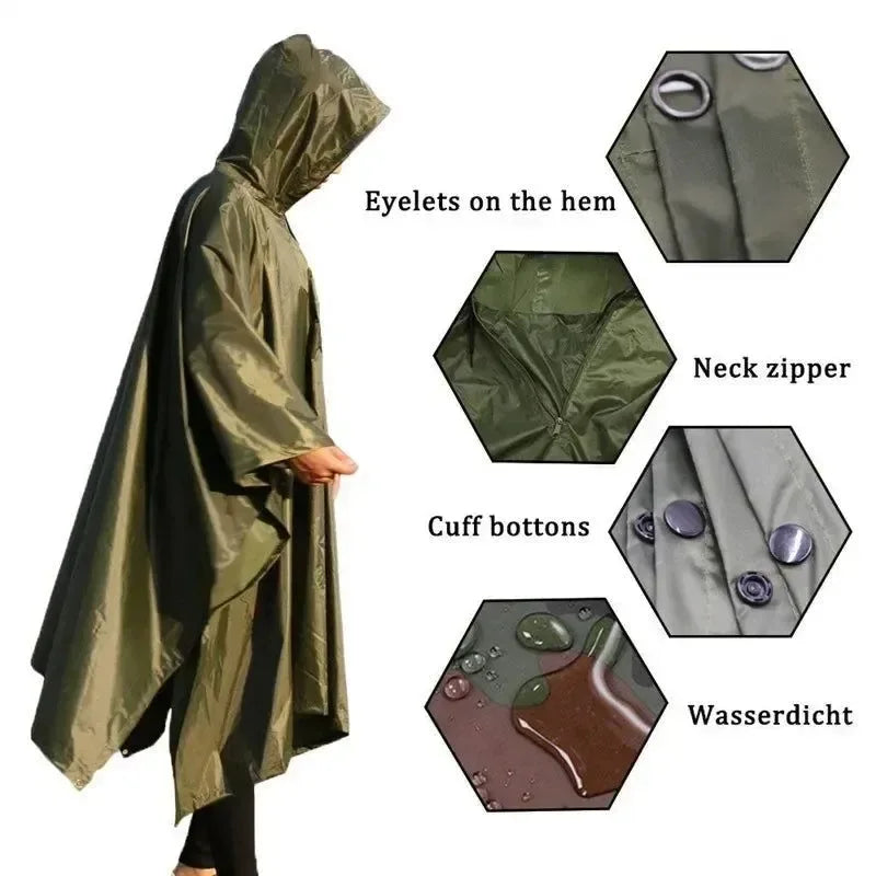 3-in-1 Military-Style Waterproof Raincoat for Men and Women - Poncho, Awning, Picnic Mat - Trekker Essentials