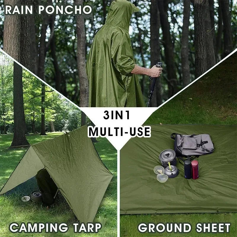 3-in-1 Outdoor Military Waterproof Raincoat - Rain Coat, Awning, Picnic Mat for Men and Women - Trekker Essentials