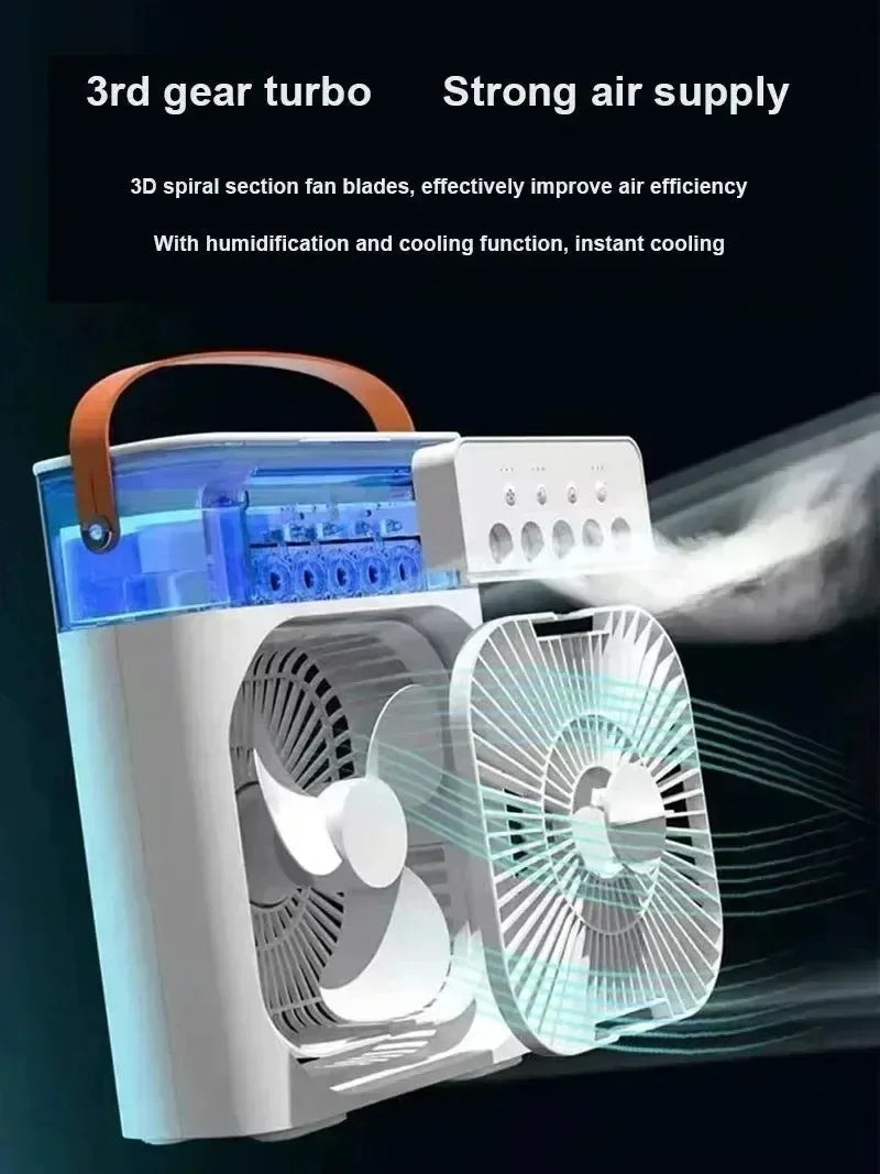 3-in-1 Portable Air Cooler with LED Lights – USB-Powered Desktop Fan, Humidifier & Night Light - Trekker Essentials
