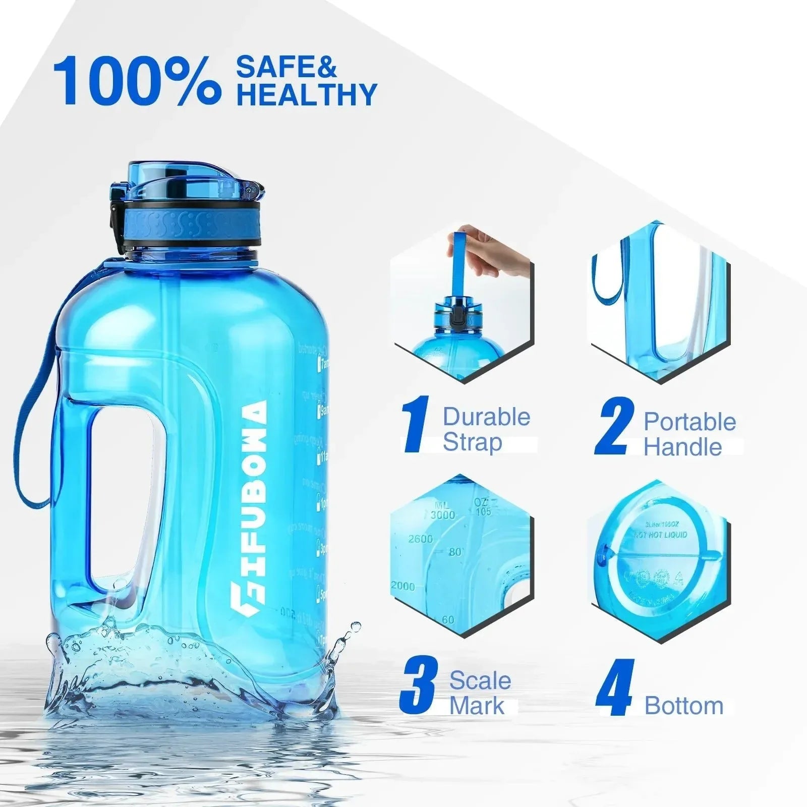 3 Liter Motivational Water Bottle with Times to Drink: Sports Big Jug with Handle, Leak-Proof, BPA-Free for Men and Women - Trekker Essentials