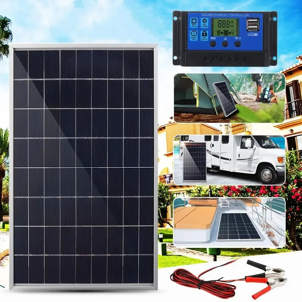 300W 12V Polycrystalline Solar Panel Kit — Portable Outdoor Power Generator for Home & Camping - Trekker Essentials