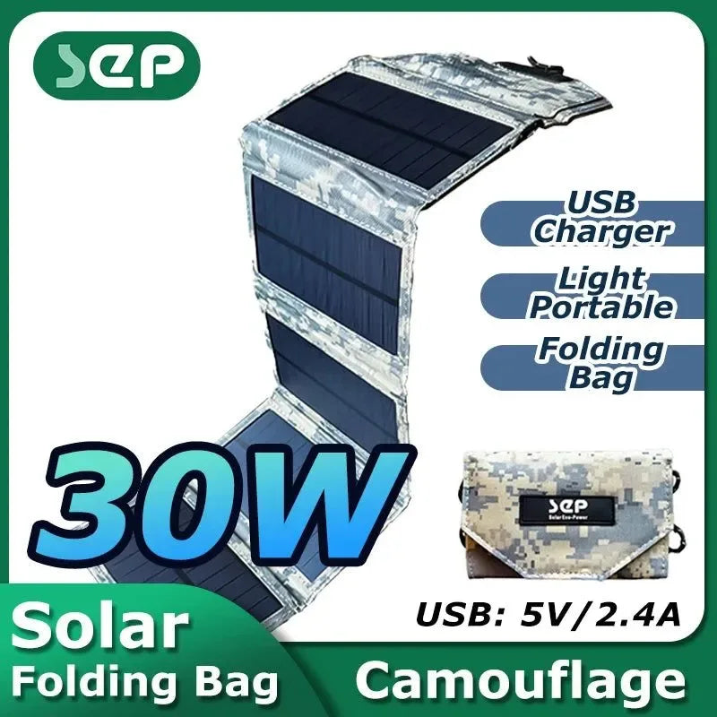 30W Folding Solar Panel USB 5V Waterproof Solar Charger Portable Mobile Solar Power Bank for Outdoor Camping Hiking with Cable - Trekker Essentials