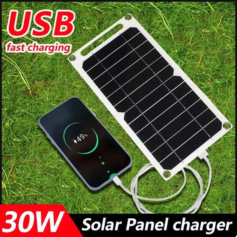 30W Solar Panel USB 5V Charger Kit - Complete Solar System for Mobile Phone, Power Bank, and Watch Charging during Outdoor Hikes - Trekker Essentials