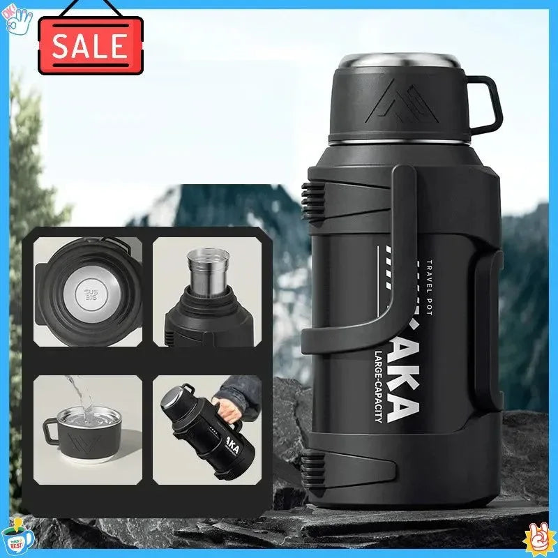 316 stainless steel insulated water bottle with handle, keeps drinks hot or cold, large capacity, portable for outdoor use - Trekker Essentials