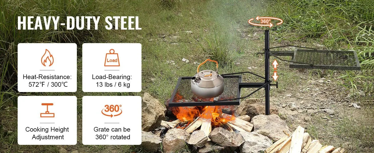 360° Swivel Campfire Grill – Heavy Duty Adjustable Cooking Grate for Open Fire - Trekker Essentials