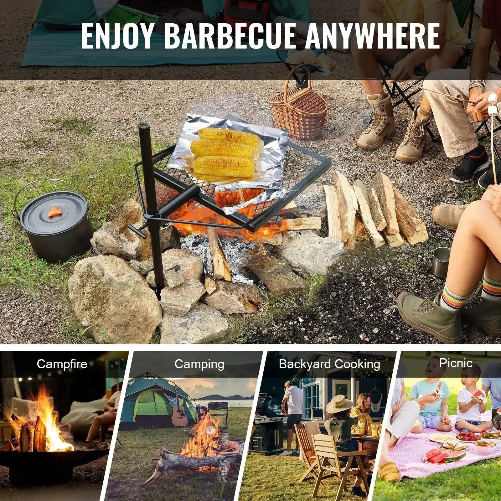 360° Swivel Campfire Grill – Heavy Duty Adjustable Cooking Grate for Open Fire - Trekker Essentials